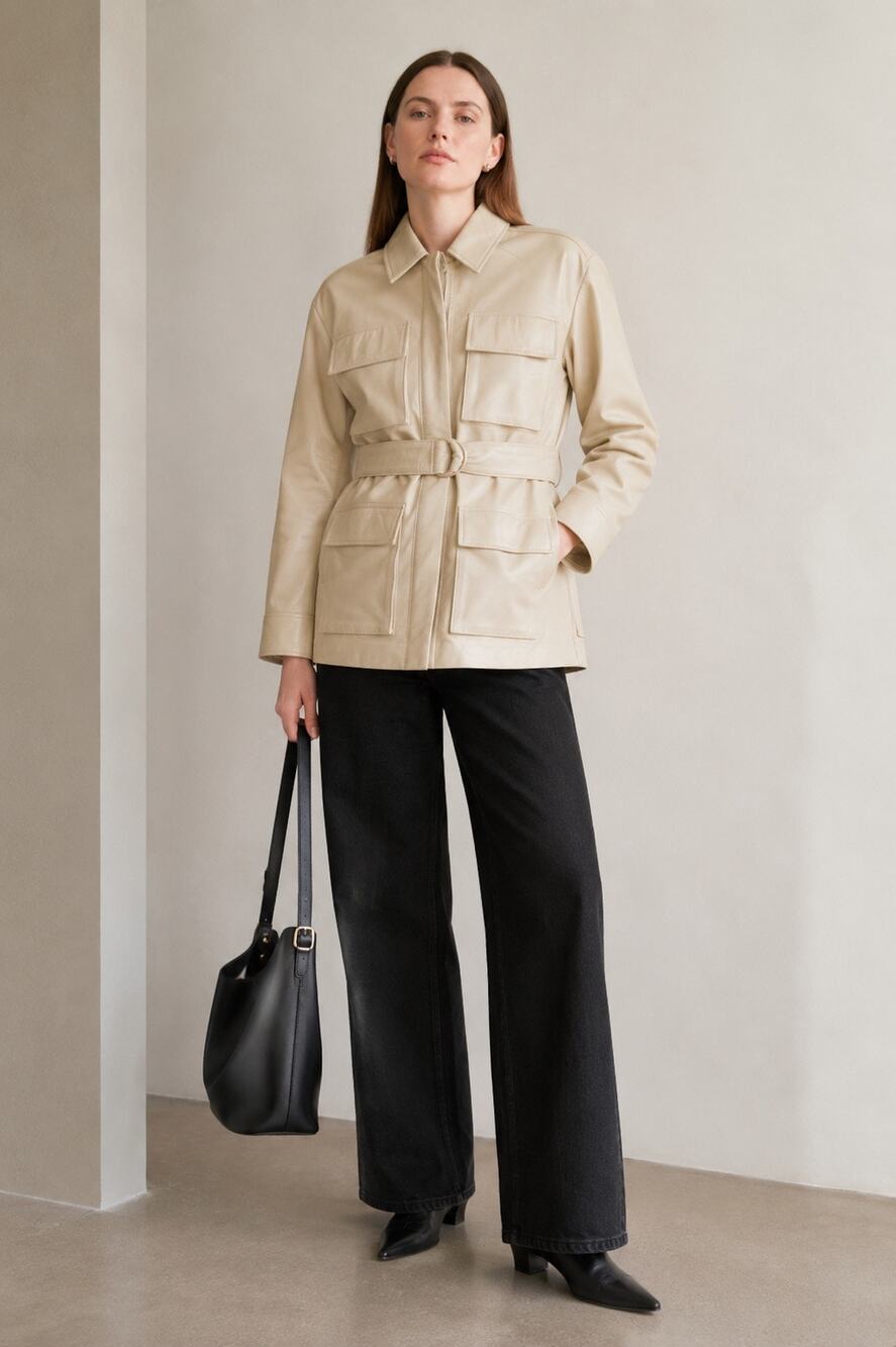 MUUBAA Parker Patent Leather Belted Safari Jacket Cream Size 8 Beige Utility